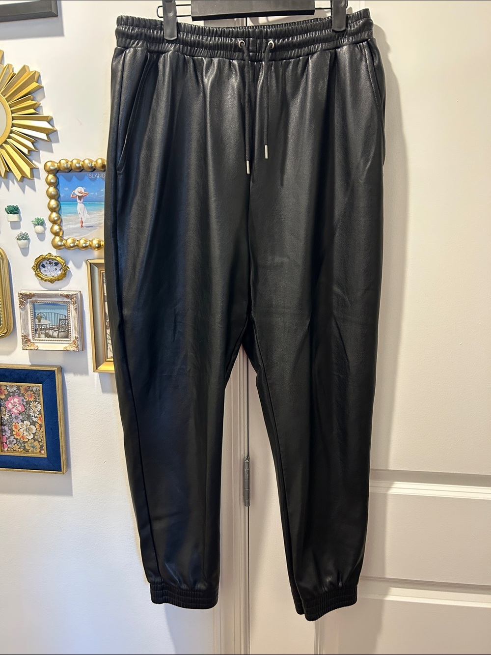 Avec Les Filles Black Faux Leather Jogger Pants with Drawstring